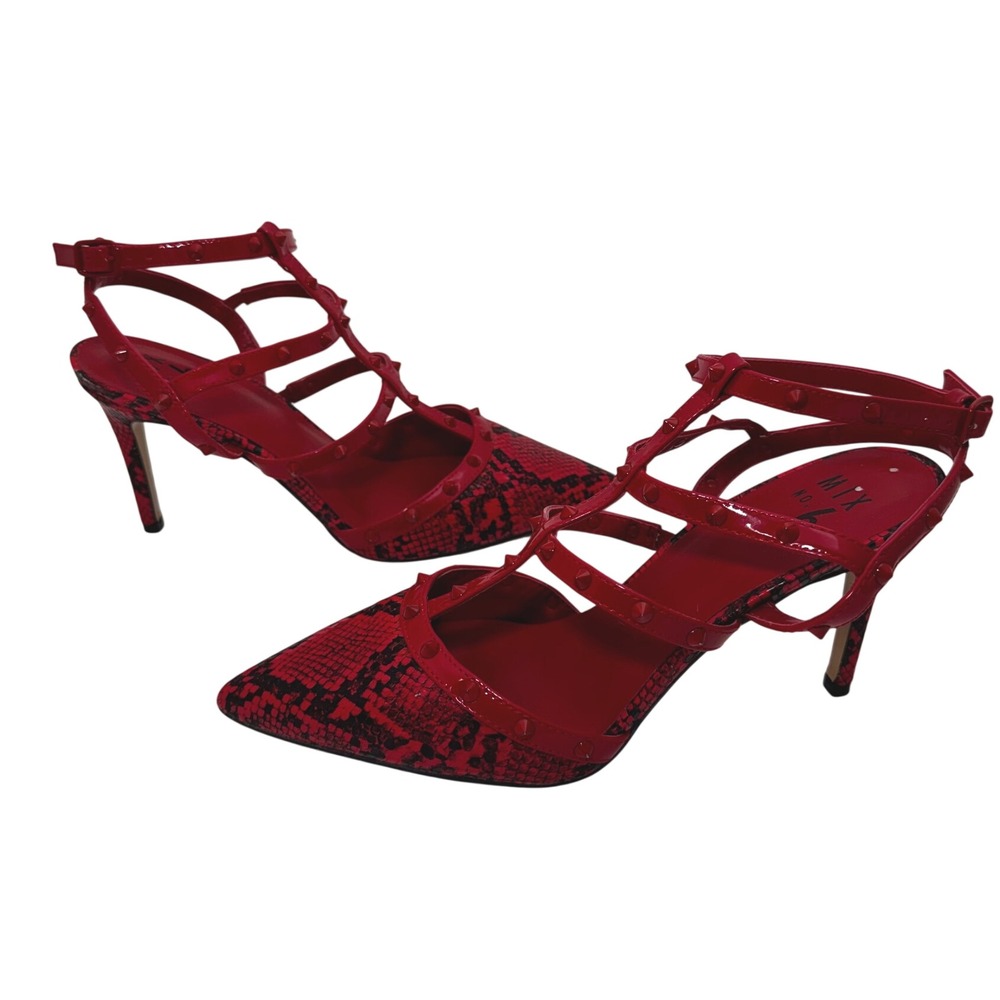 Mix No. 6 Womens 9.5 Red Snakeskin Caged Studded Pointed Toe Stiletto Pumps - Picture 2 of 8